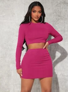 SHEIN SXY 素色短款T恤和包臀半身裙 - 中紫紅色 - 查看 1