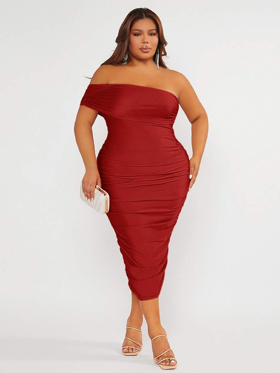 SHEIN SXY Vestido ajustado de un hombro fruncido - Rojo - Ver 1