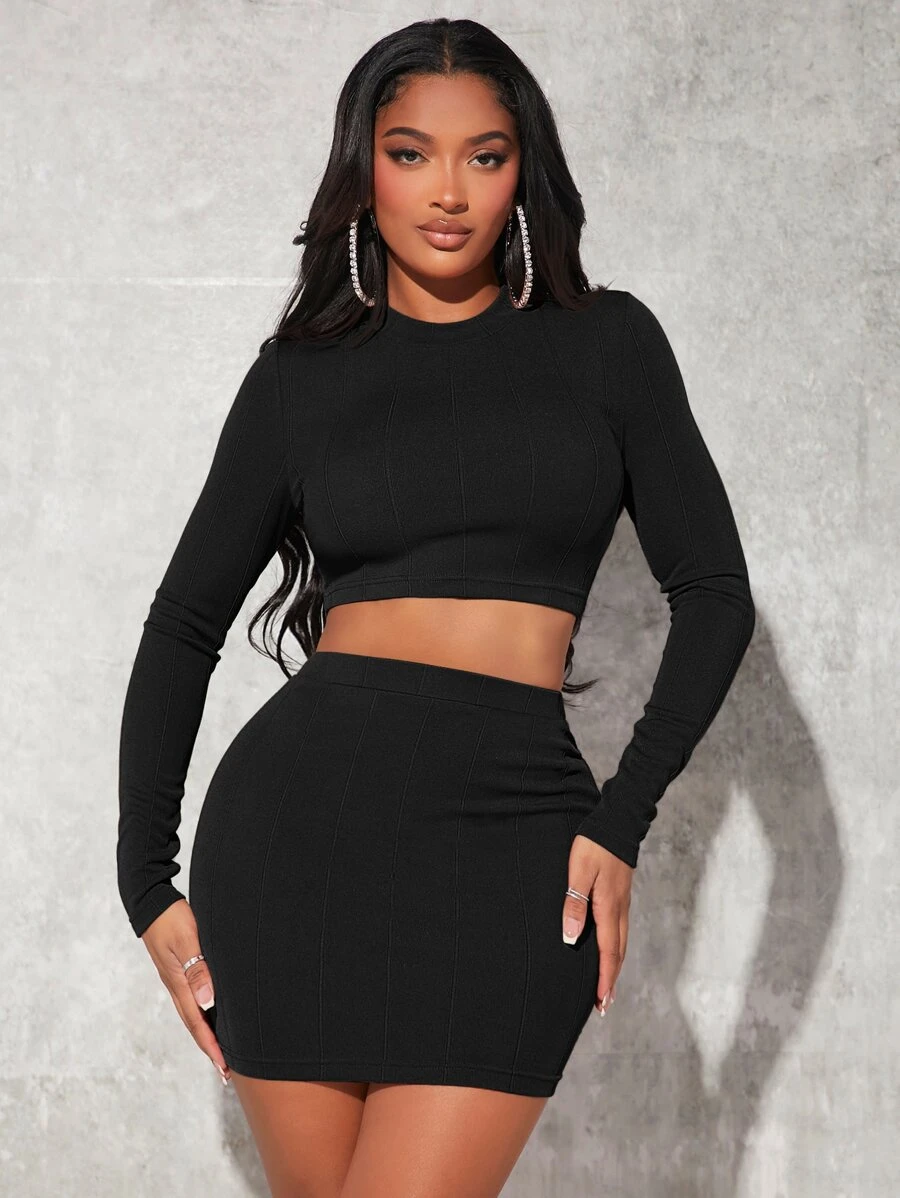 SHEIN SXY Bộ đồ hai mảnh nữ màu trơn Thanh lịch - màu đen - Xem 1