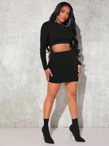 SHEIN SXY Bộ đồ hai mảnh nữ màu trơn Thanh lịch - màu đen - Xem 4