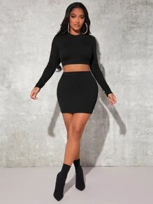 SHEIN SXY Bộ đồ hai mảnh nữ màu trơn Thanh lịch - màu đen - Xem 6