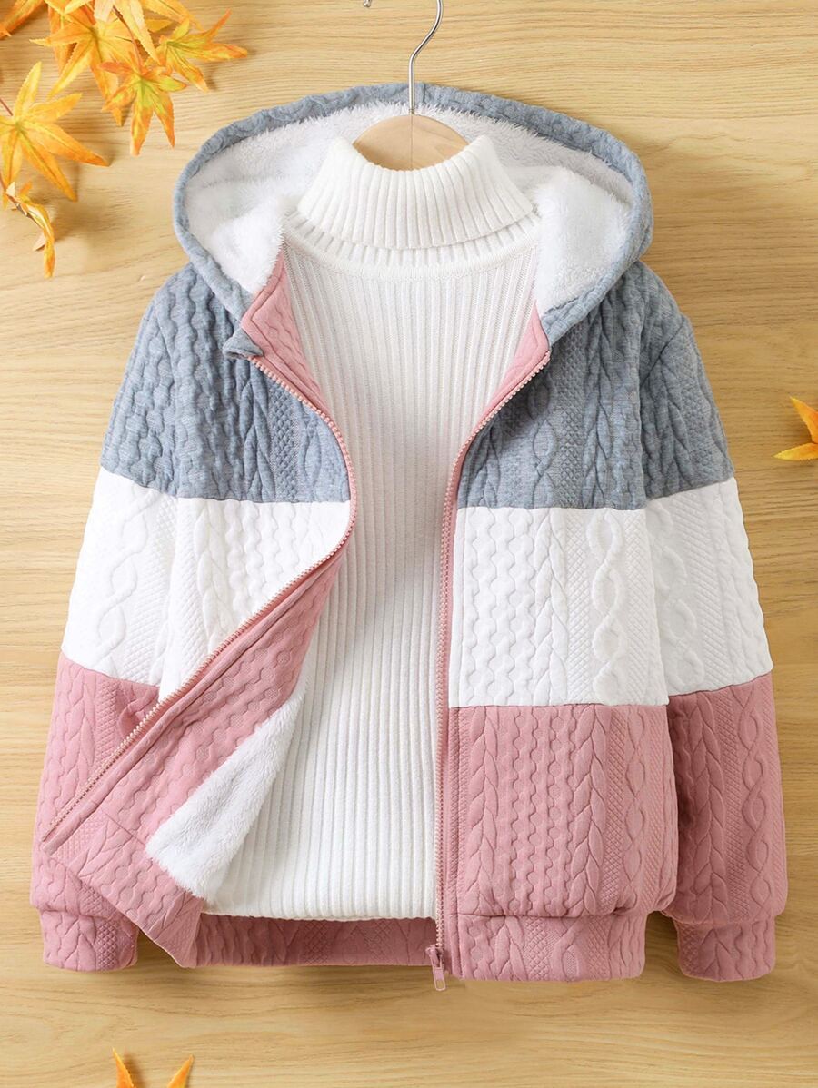 Girls Colour Block Hooded Teddy Lined Jacket Without Jumper - Multicolor - View 1