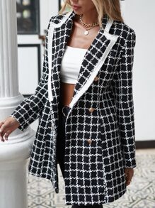 SHEIN Essnce Plaid Lapel Collar Double Breasted Overcoat - Black and White - View 1