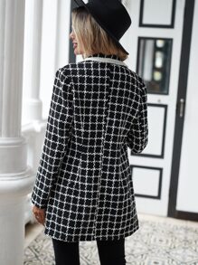 SHEIN Essnce Plaid Lapel Collar Double Breasted Overcoat - Black and White - View 2