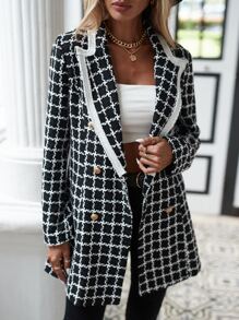 SHEIN Essnce Plaid Lapel Collar Double Breasted Overcoat - Black and White - View 7