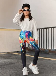 SHEIN Girls Splash Ink Print Leggings - Multicolor - View 4