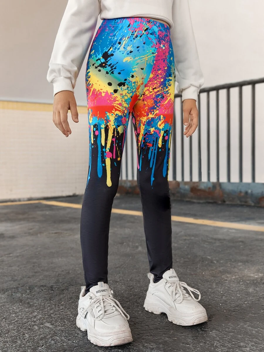 SHEIN Girls Splash Ink Print Leggings - Multicolor - View 1