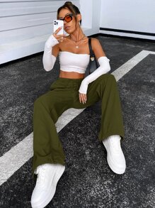 SHEIN Unity Pantalones de cintura con cordón - Verde militar - Ver 1