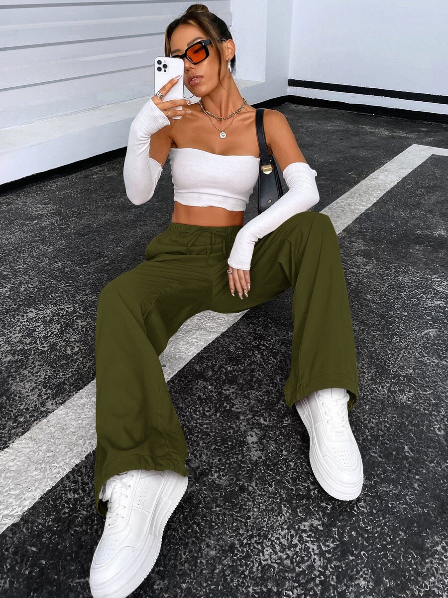 SHEIN Unity Pantalones de cintura con cordón - Verde militar - Ver 1