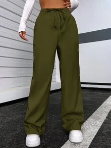 SHEIN Unity Pantalones de cintura con cordón - Verde militar - Ver 3