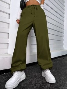 SHEIN Unity Pantalones de cintura con cordón - Verde militar - Ver 4