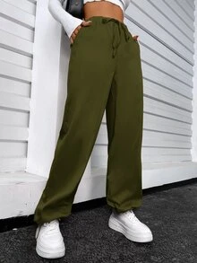 SHEIN Unity Pantalones de cintura con cordón - Verde militar - Ver 5