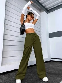 SHEIN Unity Pantalones de cintura con cordón - Verde militar - Ver 6