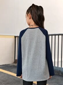 SHEIN Cô gái Tween Đồ họa Chữ cái Tay Raglan Áo thun - Xám - Xem 2