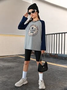 SHEIN Cô gái Tween Đồ họa Chữ cái Tay Raglan Áo thun - Xám - Xem 3