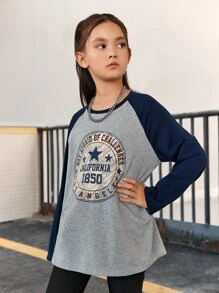 SHEIN Cô gái Tween Đồ họa Chữ cái Tay Raglan Áo thun - Xám - Xem 4
