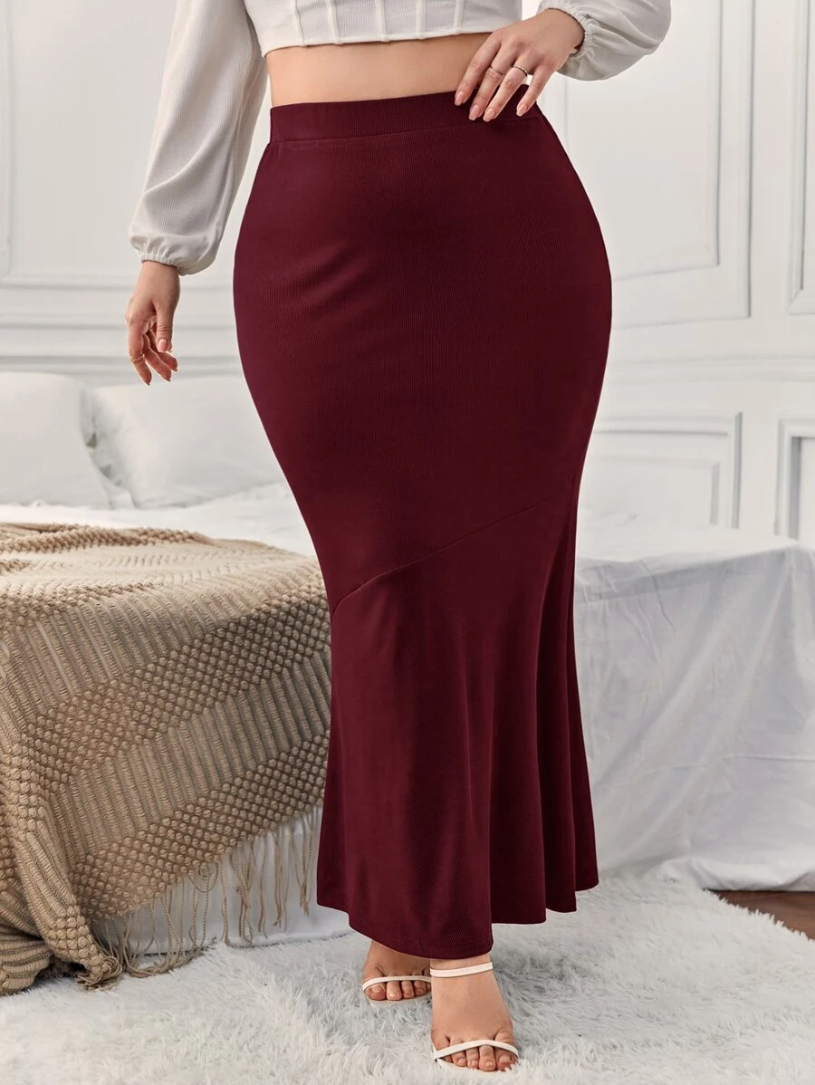 SHEIN Privé 大碼高腰魚尾短裙 - 酒紅色 - 查看 1