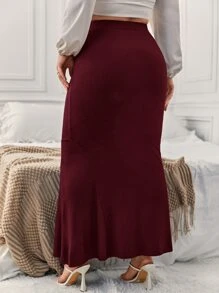 SHEIN Privé 大碼高腰魚尾短裙 - 酒紅色 - 查看 2