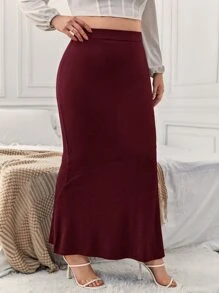 SHEIN Privé 大碼高腰魚尾短裙 - 酒紅色 - 查看 3
