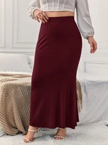 SHEIN Privé 大碼高腰魚尾短裙 - 酒紅色 - 查看 4