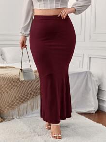 SHEIN Privé 大碼高腰魚尾短裙 - 酒紅色 - 查看 5