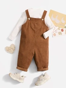 SHEIN 嬰兒愛心貼布背帶連身褲不帶T恤 - 棕色 - 查看 1