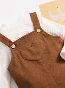 SHEIN 嬰兒愛心貼布背帶連身褲不帶T恤 - 棕色 - 查看 3