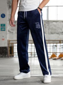 Aesthetic Post Nam Đồ họa Chữ cái Tương phản Đường may bên Nhung Quần - Màu xanh hải quân - Xem 1