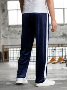 Aesthetic Post Nam Đồ họa Chữ cái Tương phản Đường may bên Nhung Quần - Màu xanh hải quân - Xem 2