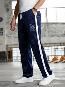 Aesthetic Post Nam Đồ họa Chữ cái Tương phản Đường may bên Nhung Quần - Màu xanh hải quân - Xem 3