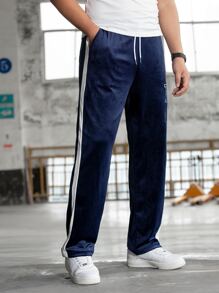 Aesthetic Post Nam Đồ họa Chữ cái Tương phản Đường may bên Nhung Quần - Màu xanh hải quân - Xem 5