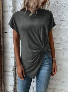 SHEIN LUNE Twist Asymmetrical Hem Dolman Sleeve Tee - Dark Grey - View 3