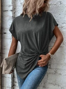 SHEIN LUNE Twist Asymmetrical Hem Dolman Sleeve Tee - Dark Grey - View 4