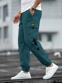 Manfinity Homme Men Patch Detail Drawstring Waist Cargo Trousers - Dark Green - View 1