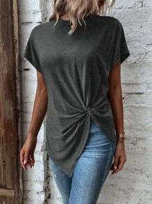 SHEIN LUNE Twist Asymmetrical Hem Dolman Sleeve Tee - Dark Grey - View 5