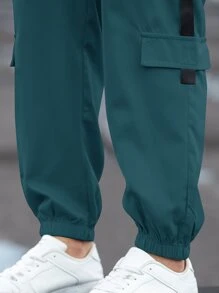 Manfinity Homme Men Patch Detail Drawstring Waist Cargo Trousers - Dark Green - View 4