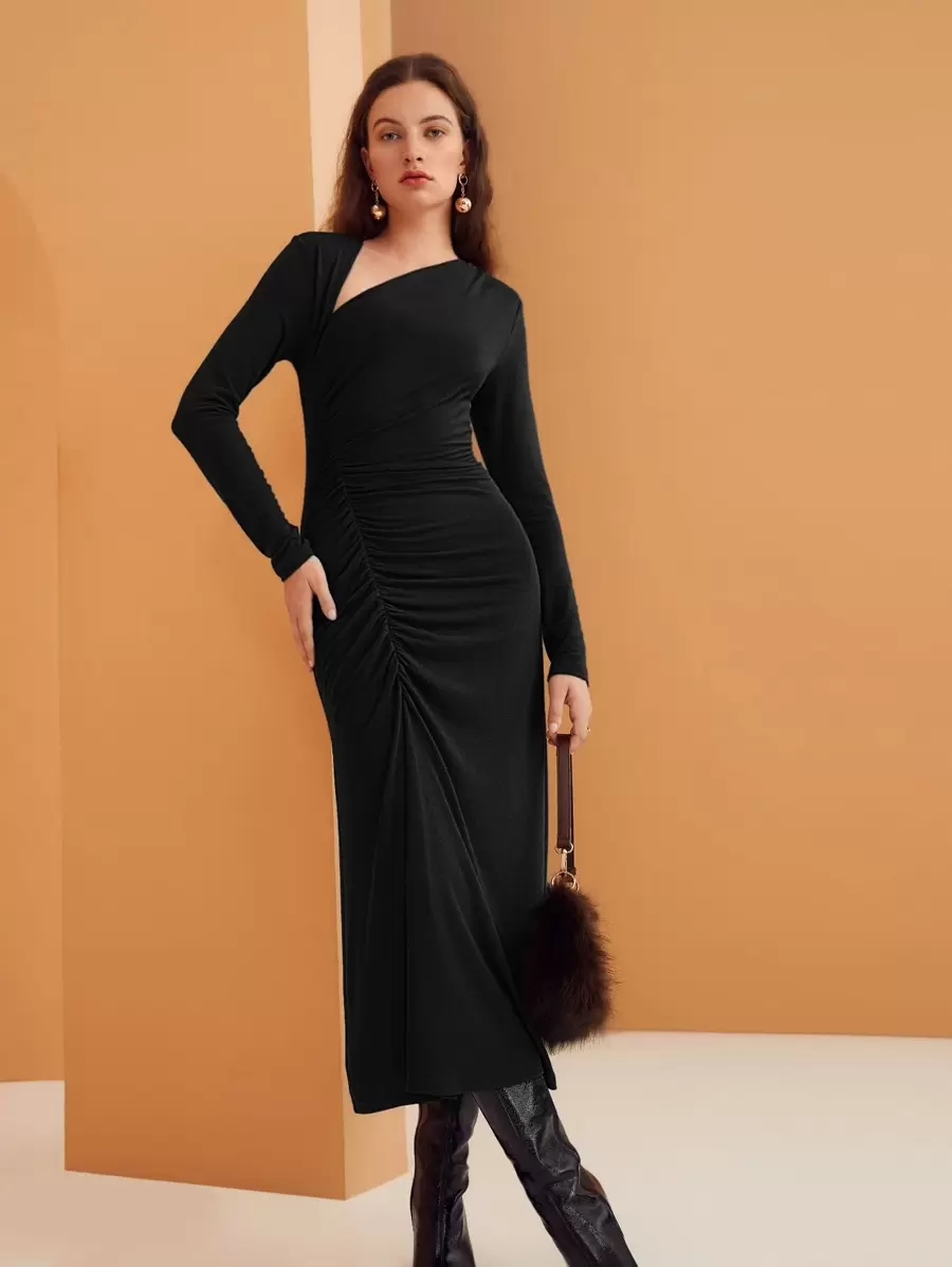 BizChic Asymmetrical Neck Ruched Dress Workwear - Black - View 1