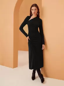BizChic Asymmetrical Neck Ruched Dress Workwear - Black - View 4