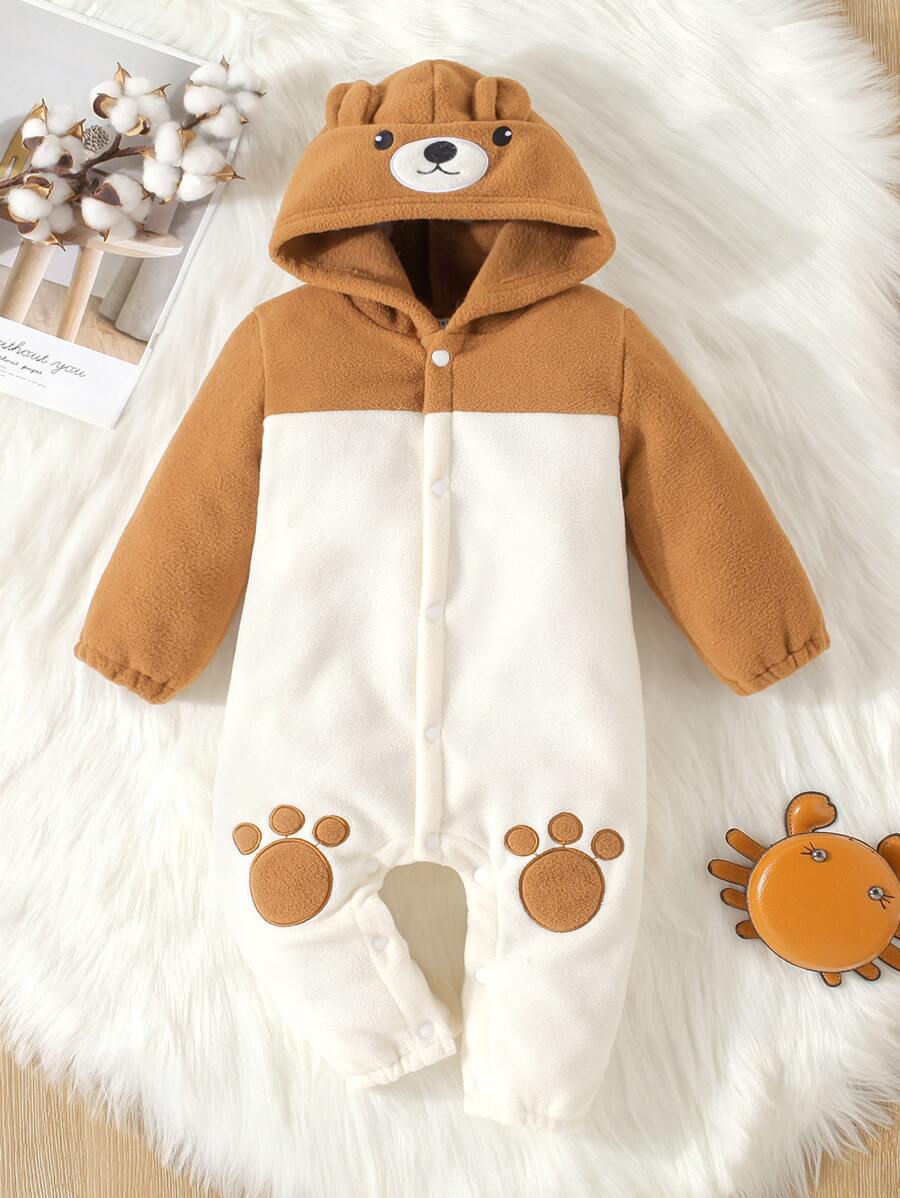Baby Two Tone Cartoon Embroidery 3D Ears Design Hooded Jumpsuit - Multicolor - View 1
