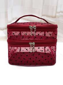 Bolsa de maquillaje de doble capa con patrón de corazón, elementos esenciales de viaje - Burdeos - Ver 3