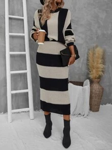 EMERY ROSE 雙色落肩袖毛衣和針織裙 - 彩色 - 查看 3