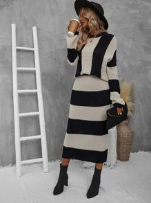 EMERY ROSE 雙色落肩袖毛衣和針織裙 - 彩色 - 查看 4