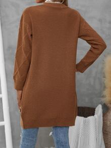 Drop Shoulder Cable Knit Duster Cardigan - Brown - View 2
