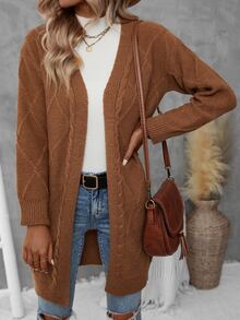 Drop Shoulder Cable Knit Duster Cardigan - Brown - View 4