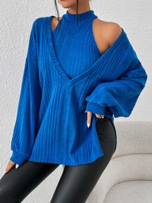 SHEIN Privé Drop Shoulder Slit Hem Tee & Halter Top - Blue - View 1