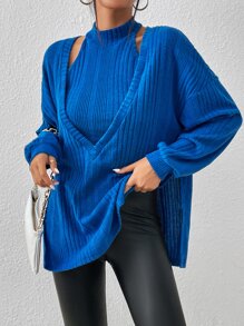 SHEIN Privé Drop Shoulder Slit Hem Tee & Halter Top - Blue - View 3