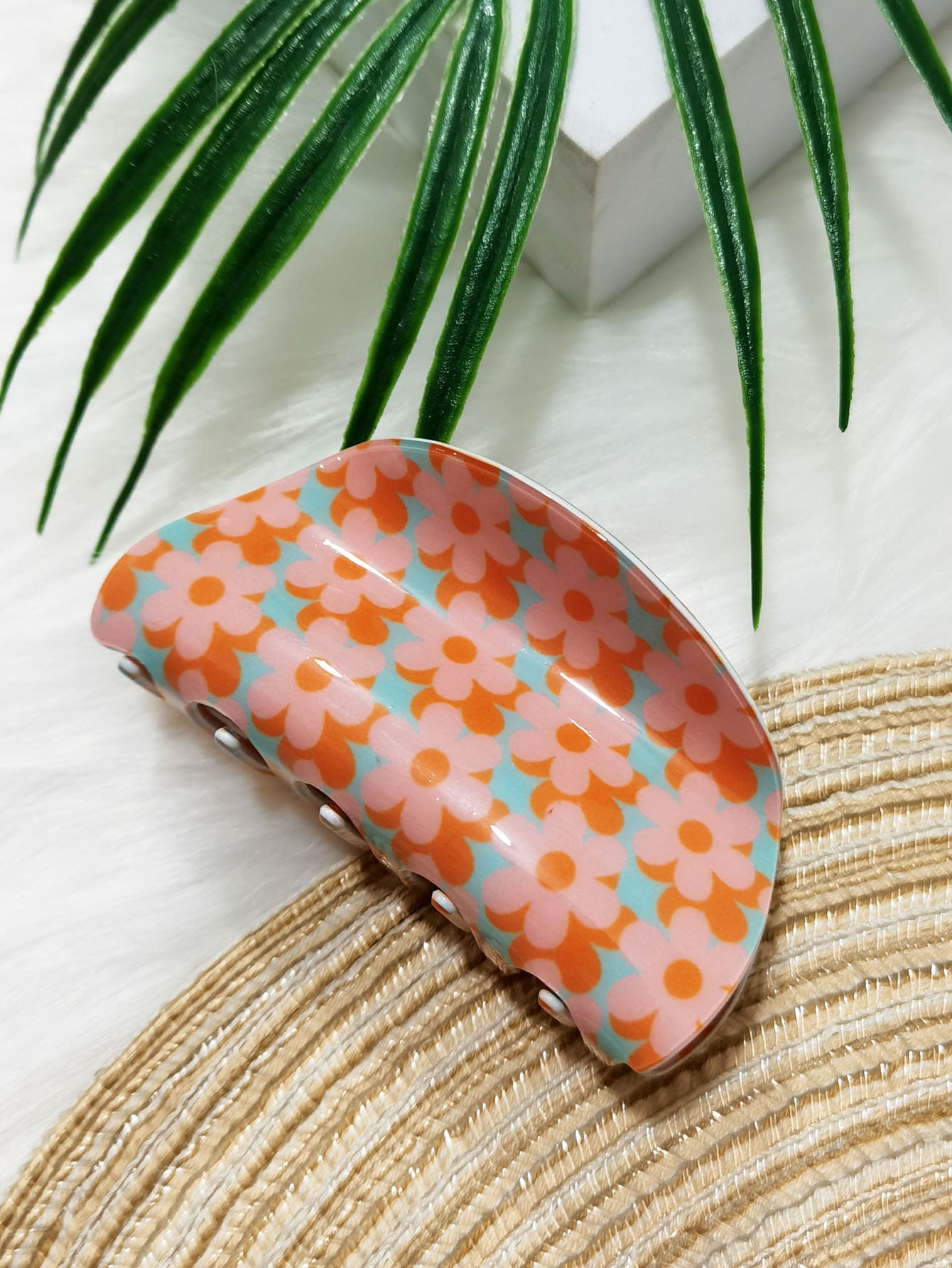 1入女士粉橙色實心梅花髮夾,適用於日常和海灘穿著 - 彩色 - 查看 1