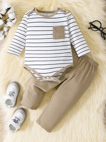 Baby Boy Striped Contrast Binding Bodysuit & Trousers - Multicolor - View 1