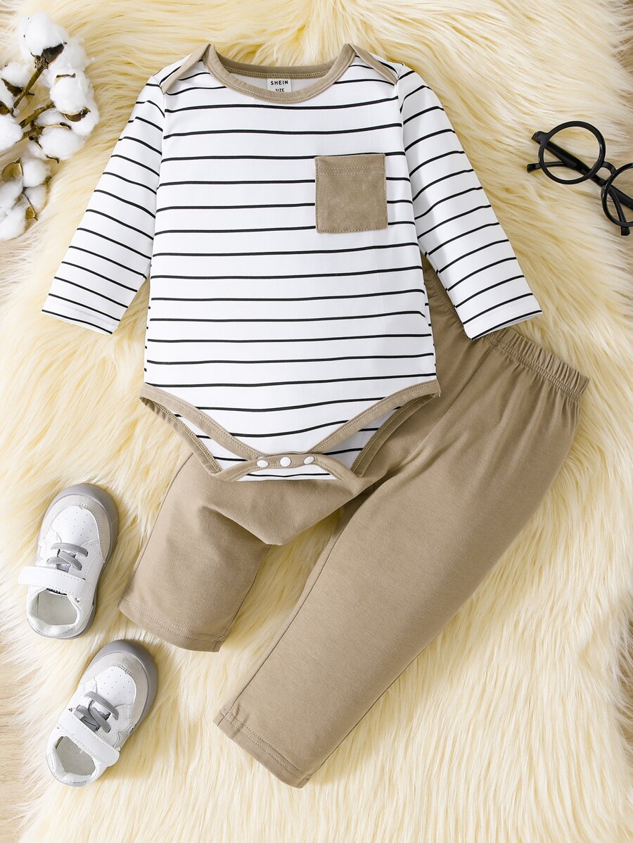 Baby Boy Striped Contrast Binding Bodysuit & Trousers - Multicolor - View 1