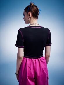 ROMWE Anime Stitching Trim Cartoon Bear Graphic Crop Tee - Black - View 4